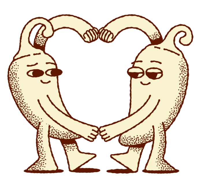 Duas pimentas ilustradas de mãos dadas formando um coração, símbolo de parceria Adoro Pimenta